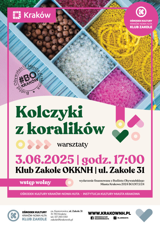 

Plakat przedstawia zaproszenie do wzięcia udziału w wydarzeniu pod nazwą Kolczyki z koralików